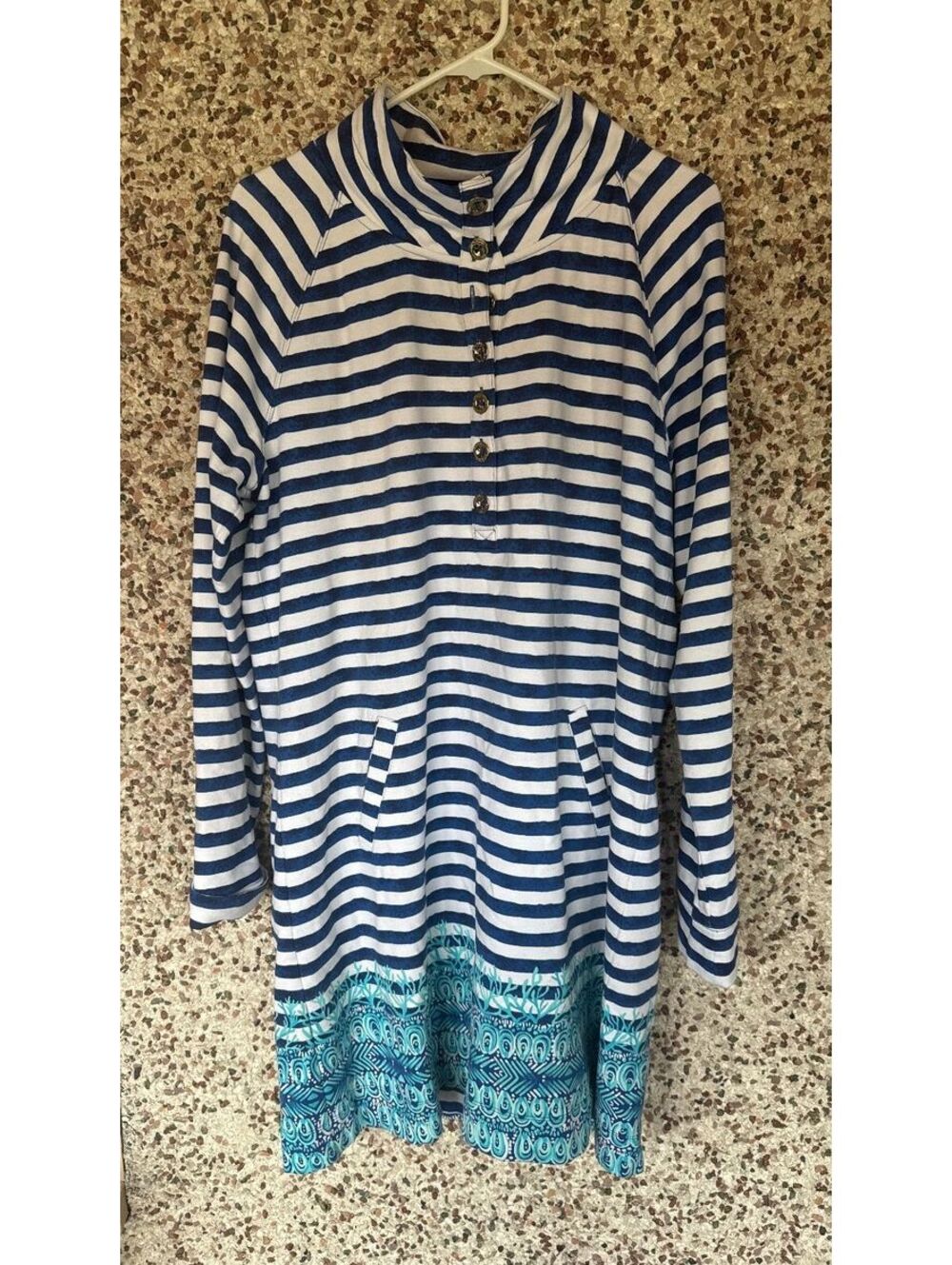 Lilly Pulitzer Navy Stripe Coral Reef Shell Border Popover Tunic Dress XL